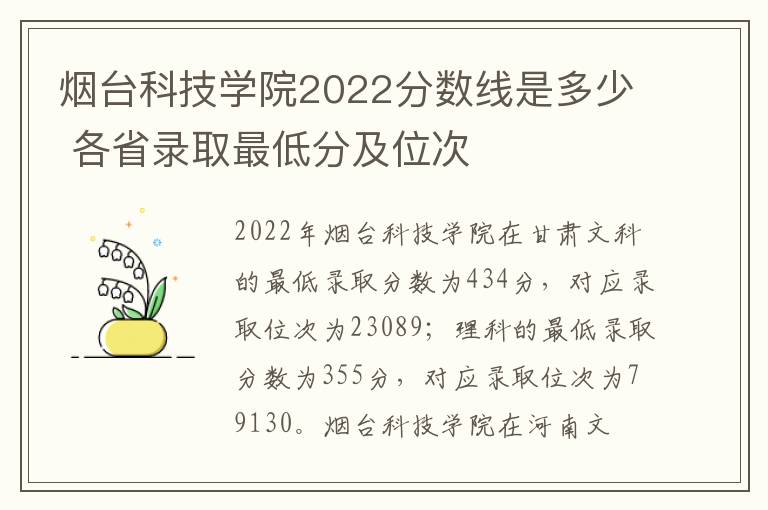 烟台科技学院2022分数线是多少 各省录取最低分及位次