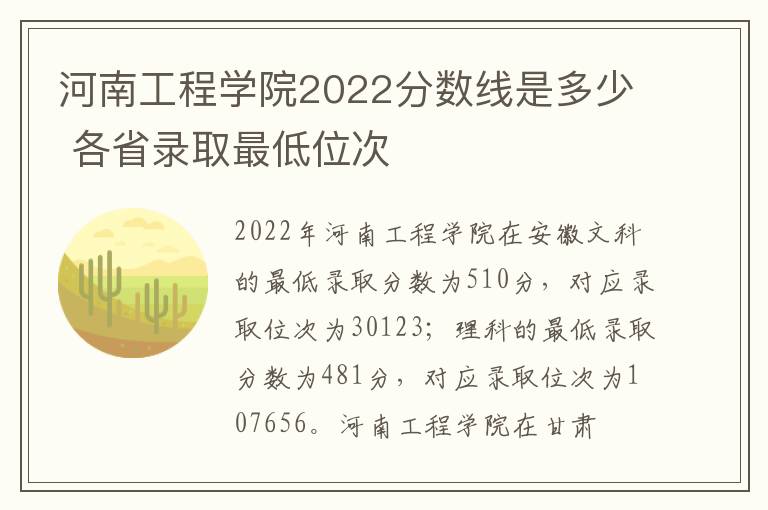 河南工程学院2022分数线是多少 各省录取最低位次