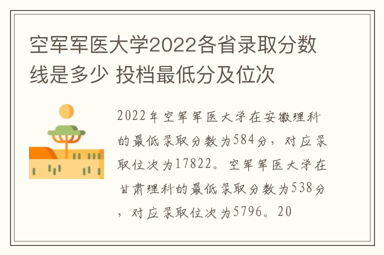 空军军医大学2022各省录取分数线是多少 投档最低分及位次