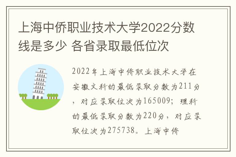 上海中侨职业技术大学2022分数线是多少 各省录取最低位次